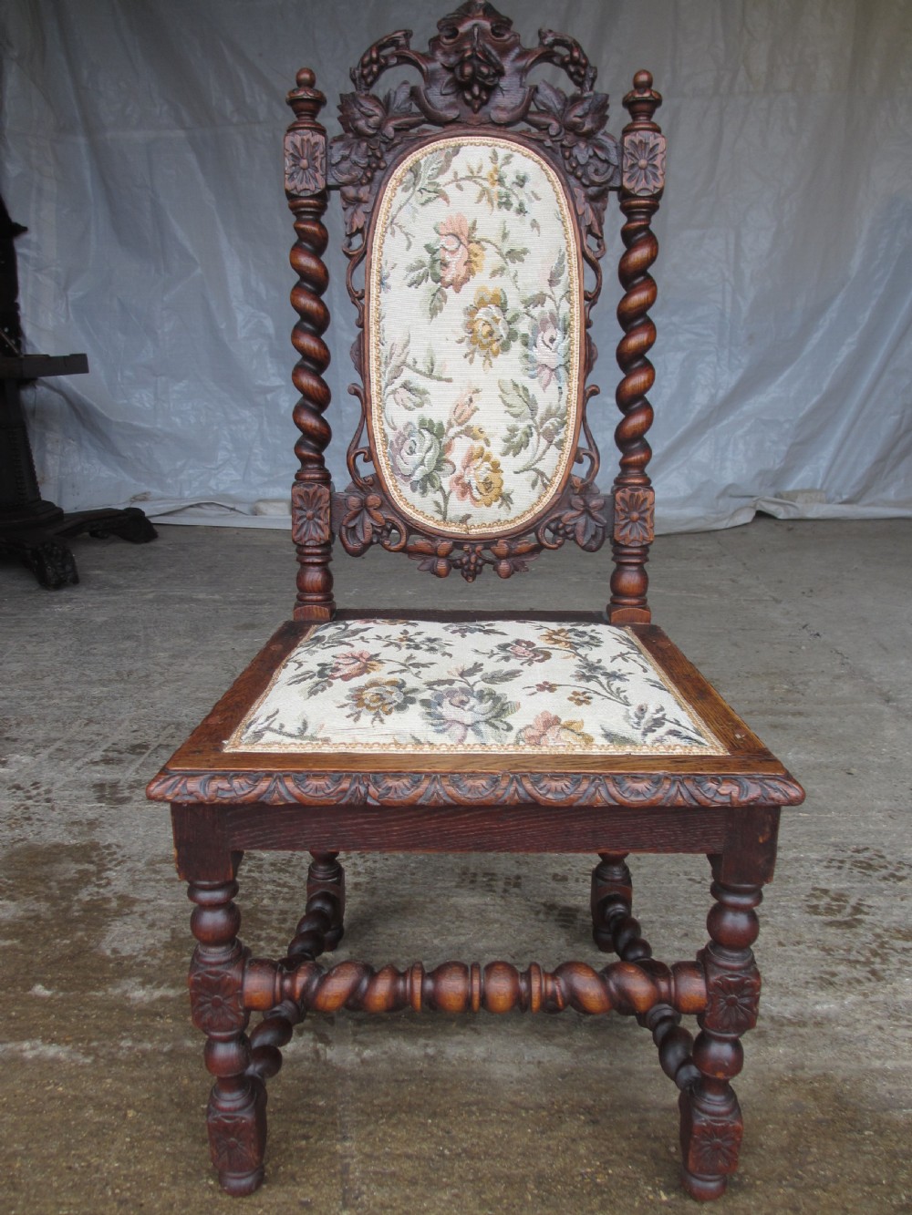 Set of 6 Victorian carved oak dining chairs, barley twist supports and stretchers, upholstered seats backs  View V