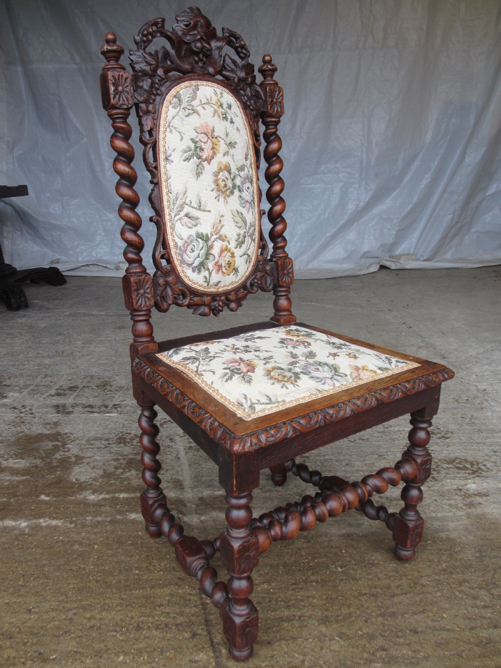 Set of 6 Victorian carved oak dining chairs, barley twist supports and stretchers, upholstered seats backs  View VI