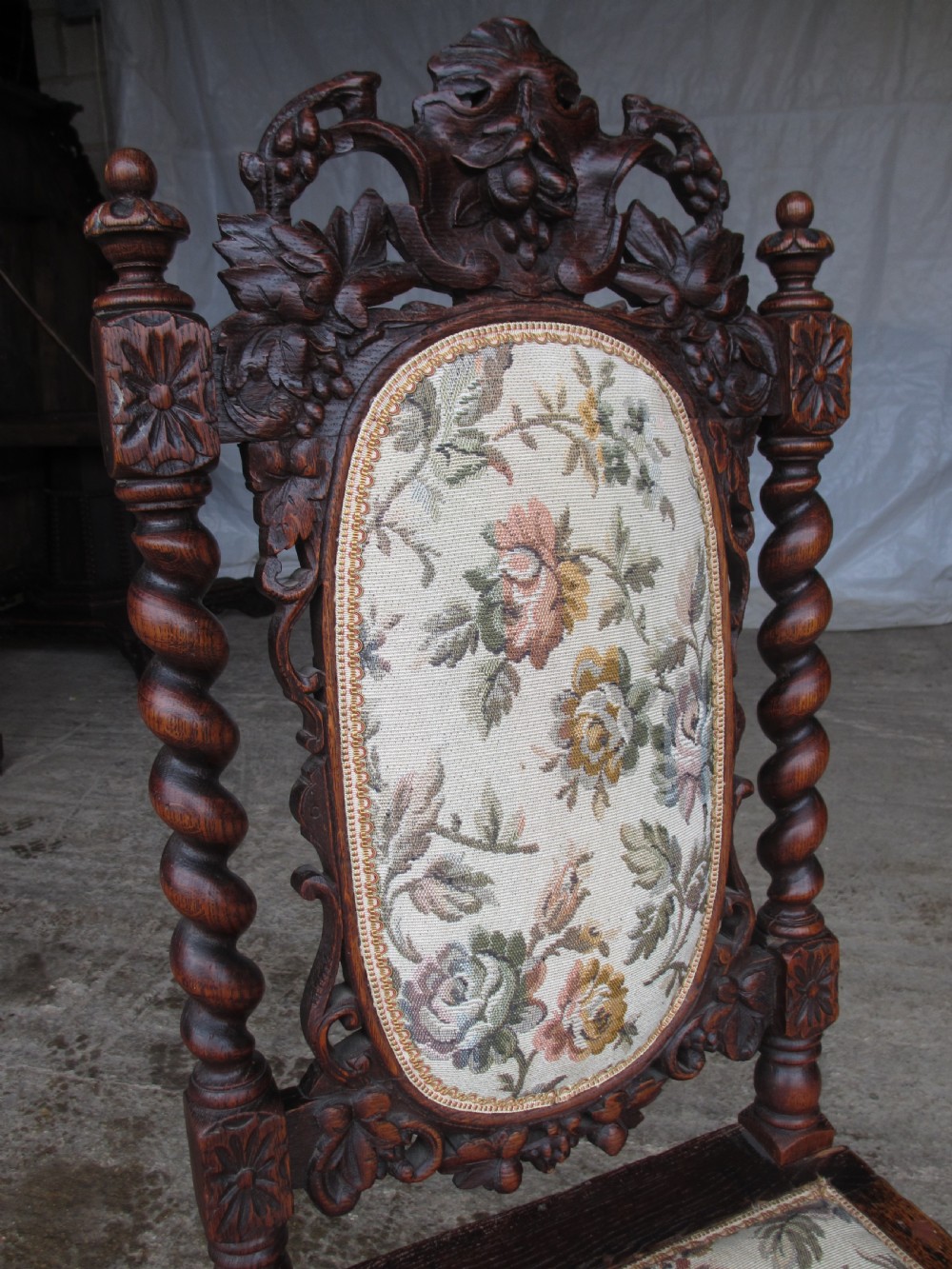 Set of 6 Victorian carved oak dining chairs, barley twist supports and stretchers, upholstered seats backs  View VII