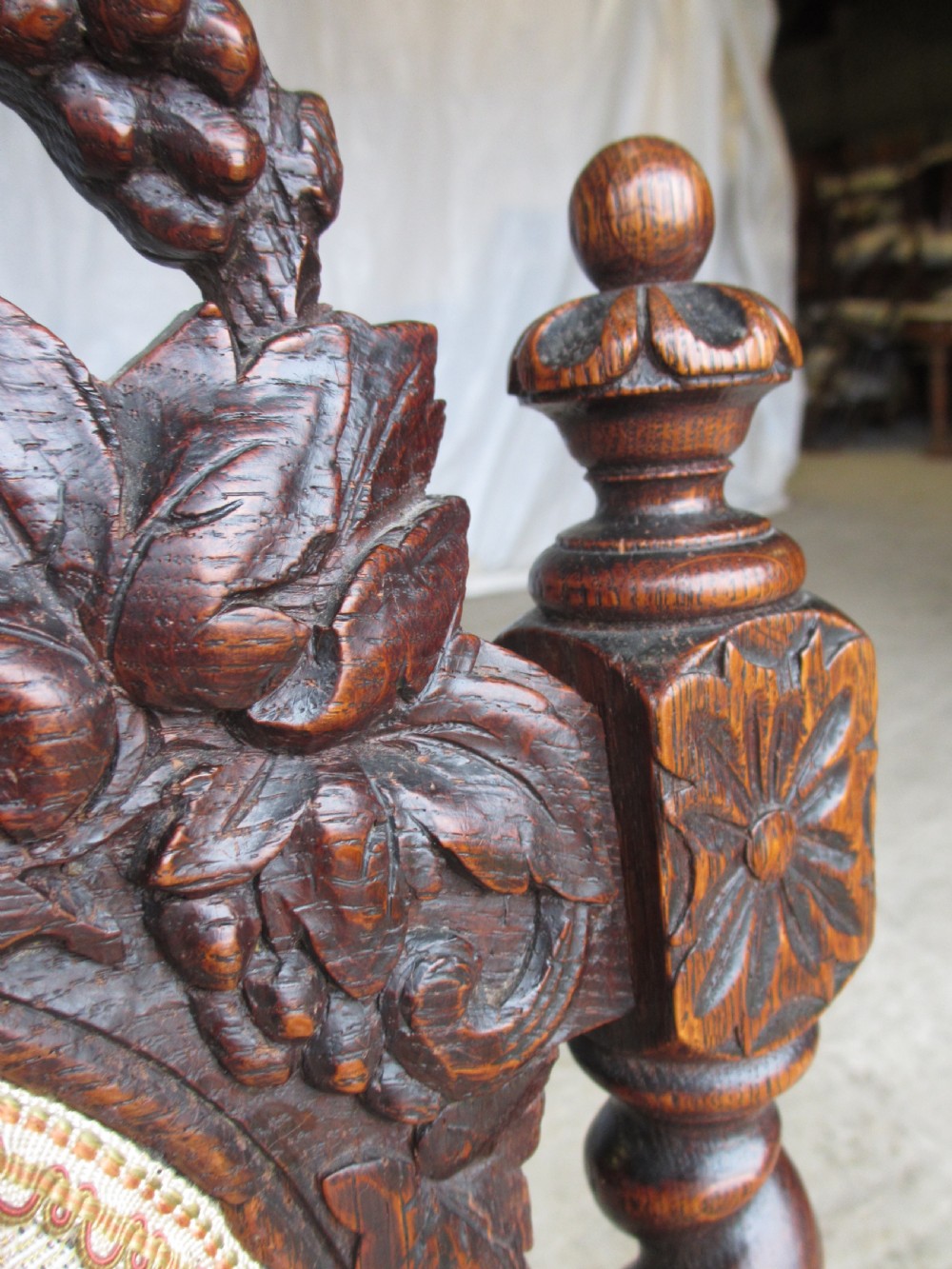 Set of 6 Victorian carved oak dining chairs, barley twist supports and stretchers, upholstered seats backs  View IX