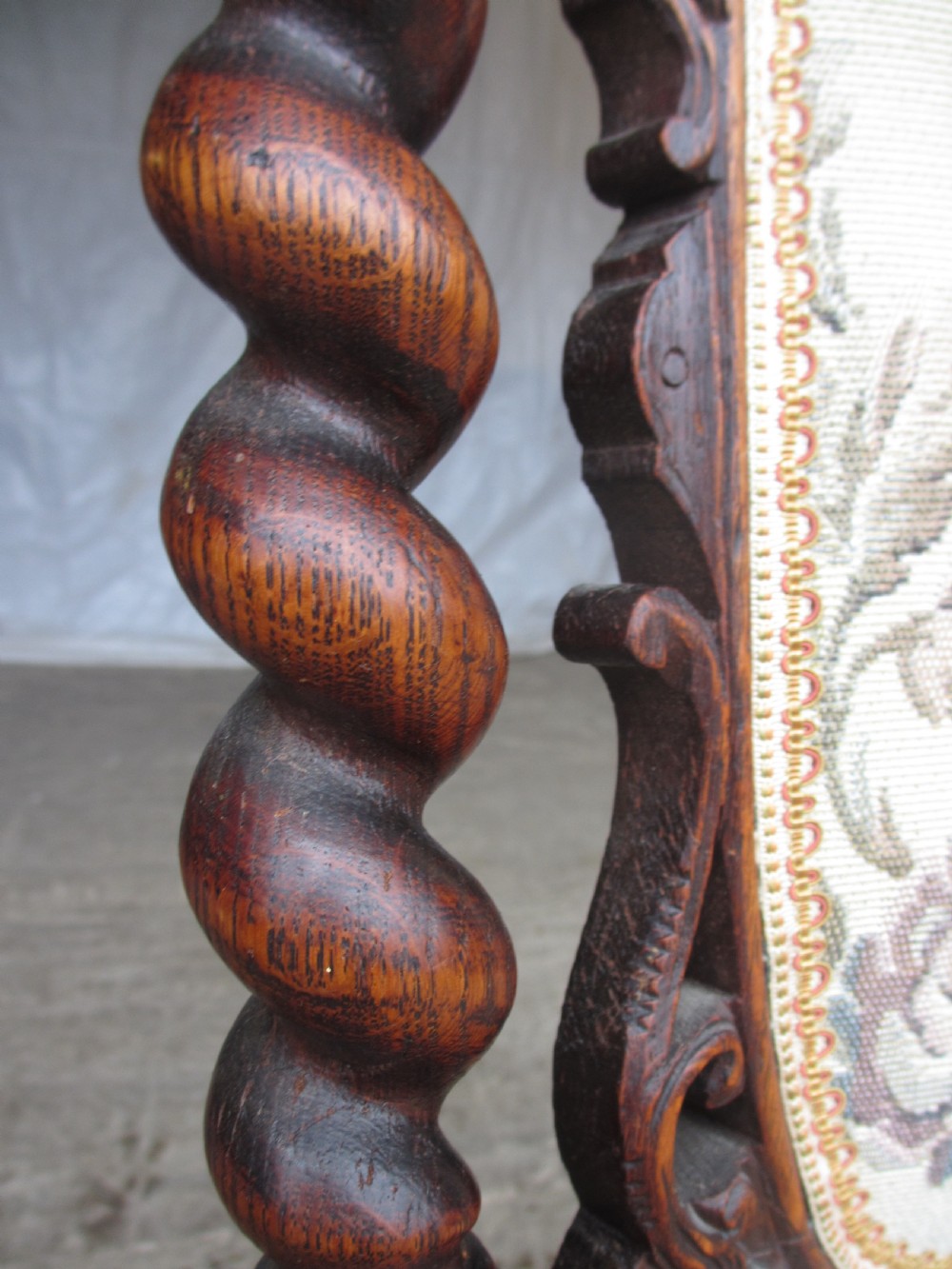 Set of 6 Victorian carved oak dining chairs, barley twist supports and stretchers, upholstered seats backs  View X