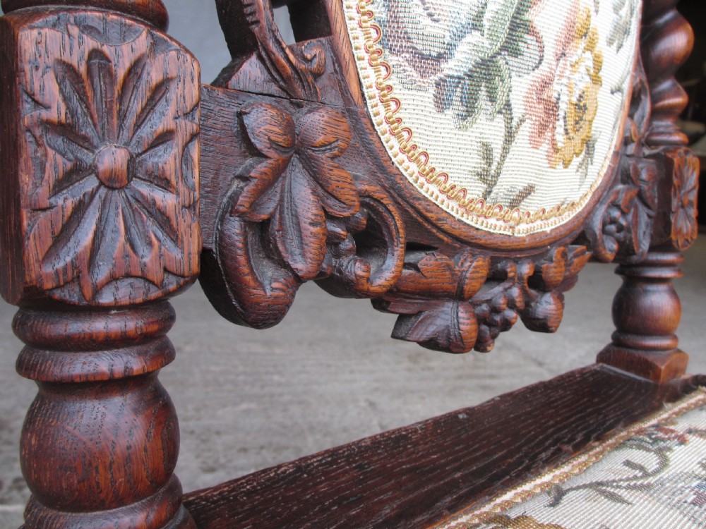Set of 6 Victorian carved oak dining chairs, barley twist supports and stretchers, upholstered seats backs  View XI