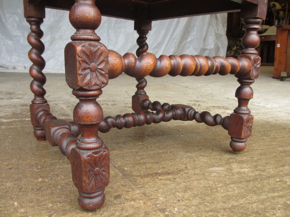 Set of 6 Victorian carved oak dining chairs, barley twist supports and stretchers, upholstered seats backs  View XIV