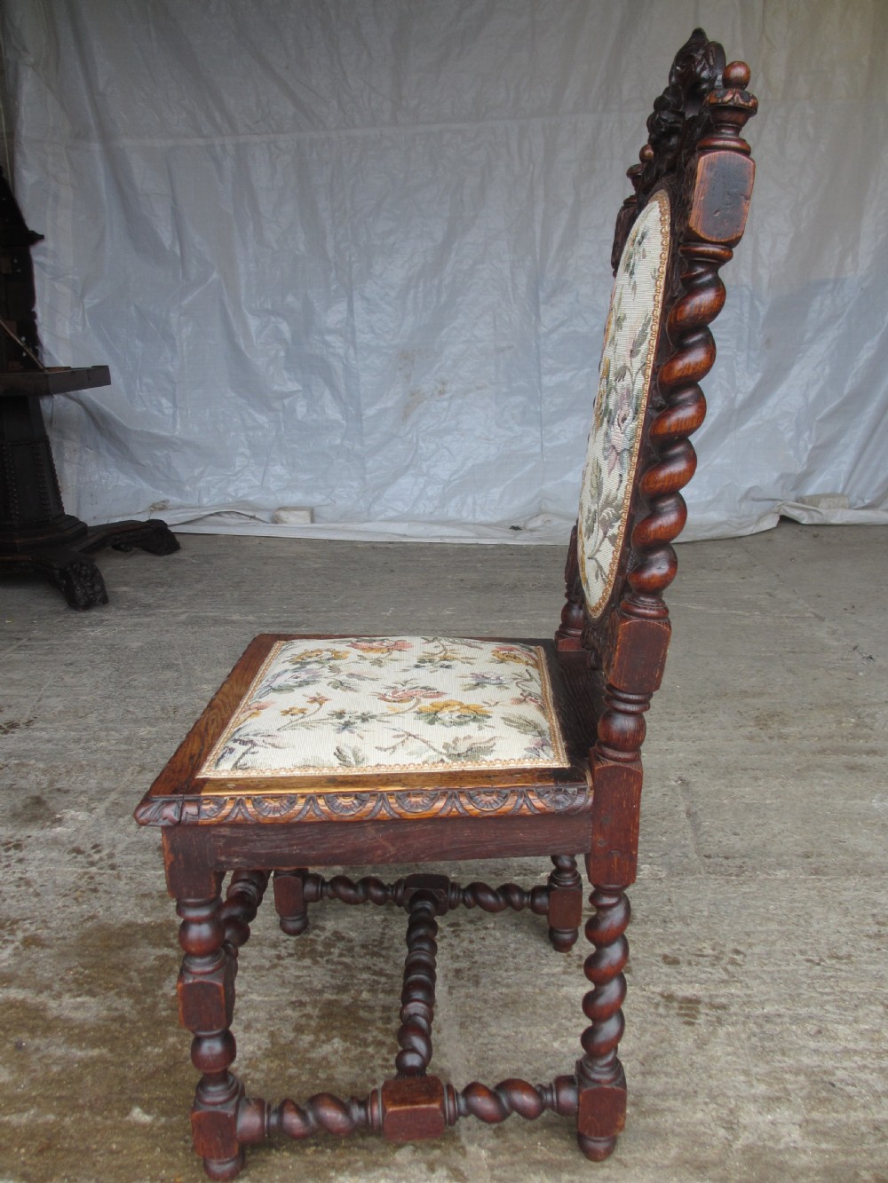 Set of 6 Victorian carved oak dining chairs, barley twist supports and stretchers, upholstered seats backs  View XVI
