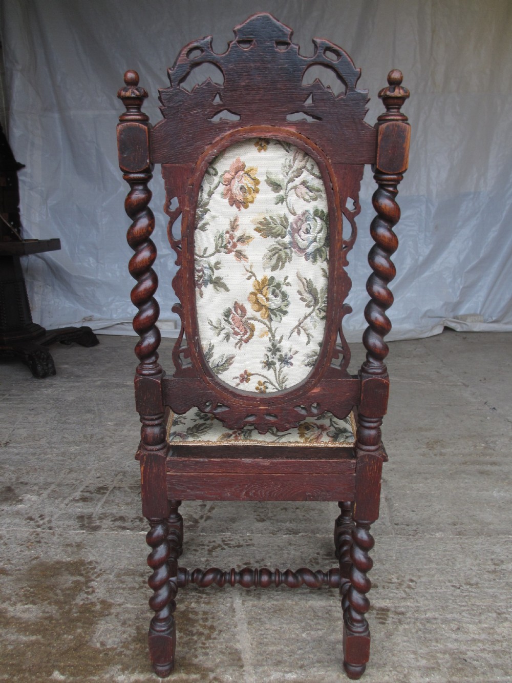 Set of 6 Victorian carved oak dining chairs, barley twist supports and stretchers, upholstered seats backs  View XVII