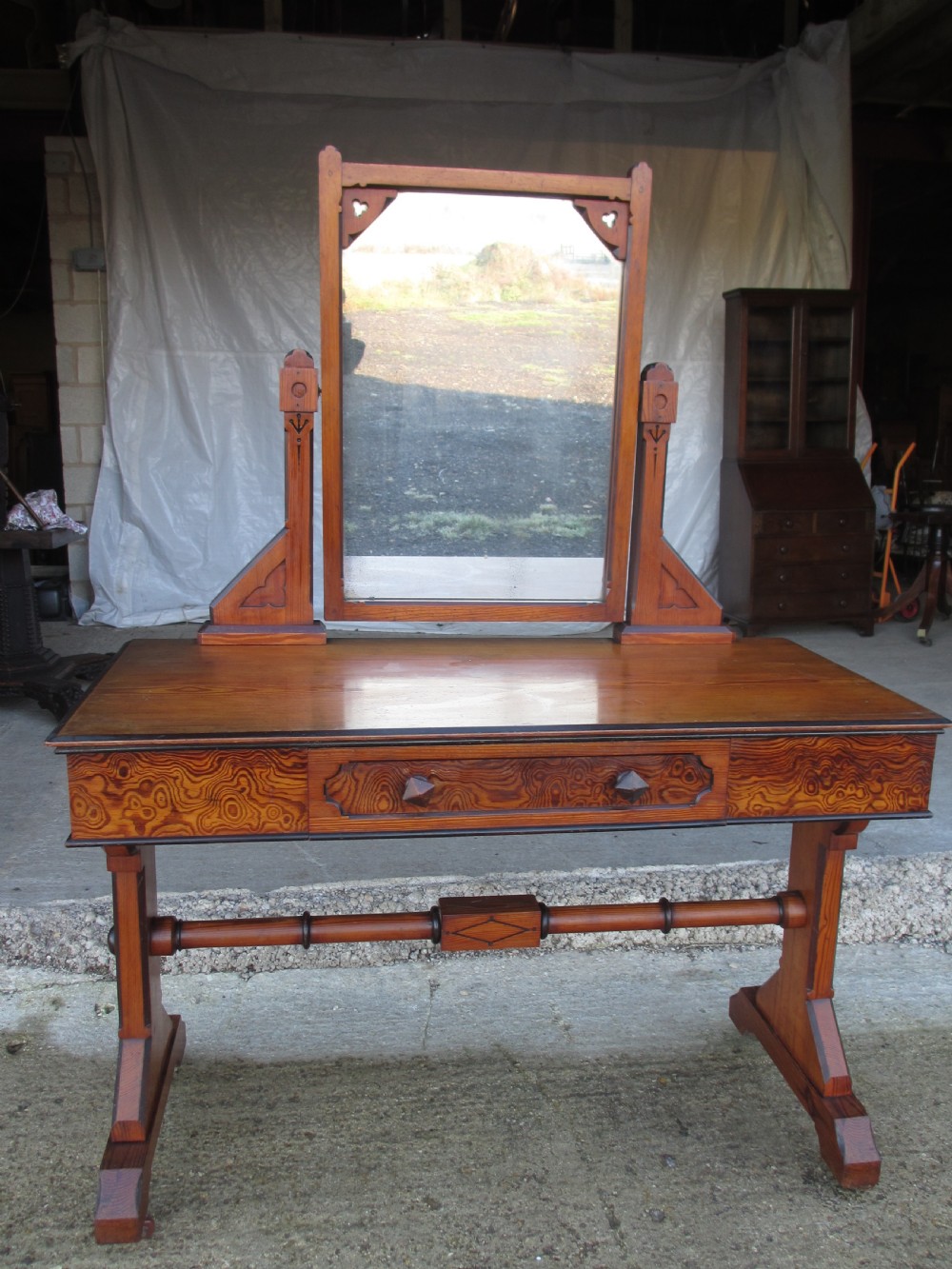 Late 19th century Arts and Crafts unusual burr pitch pine dressing table, swing mirror, drawer, castors 