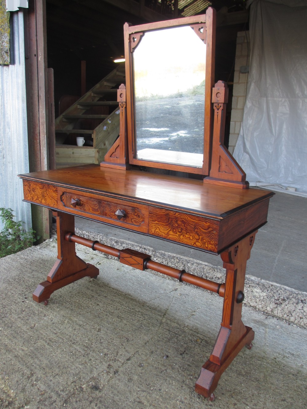 Late 19th century Arts and Crafts unusual burr pitch pine dressing table, swing mirror, drawer, castors  View II