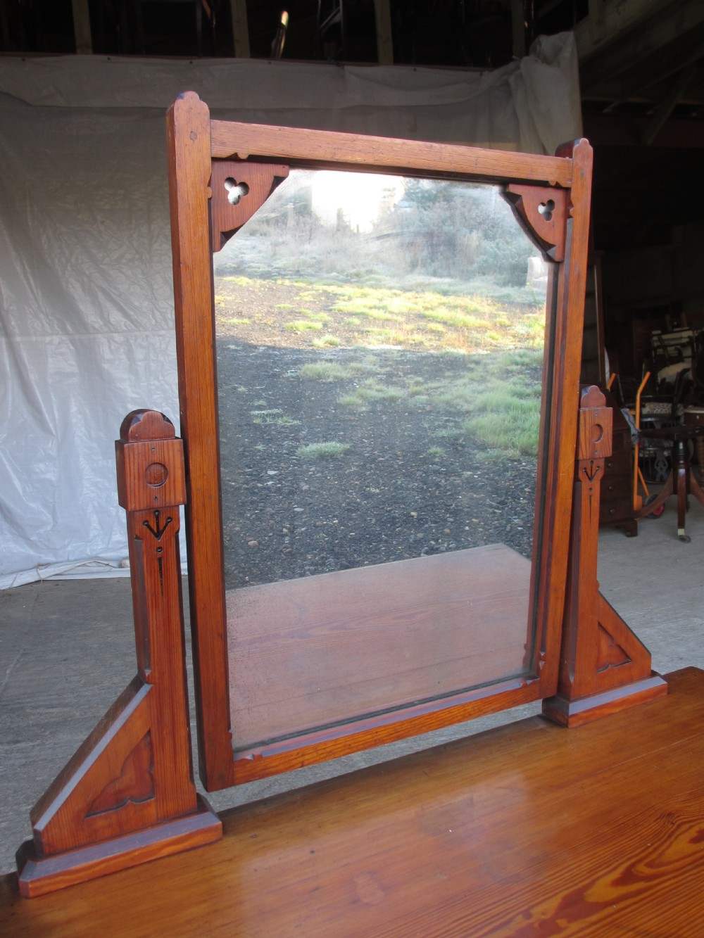 Late 19th century Arts and Crafts unusual burr pitch pine dressing table, swing mirror, drawer, castors  View III