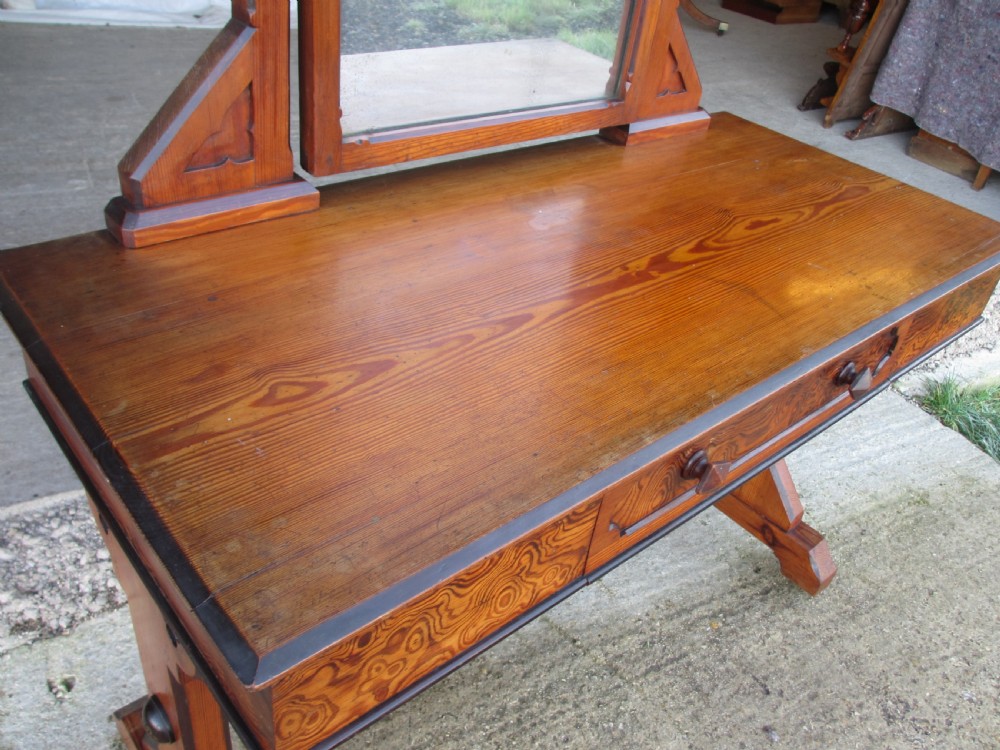 Late 19th century Arts and Crafts unusual burr pitch pine dressing table, swing mirror, drawer, castors  View VII
