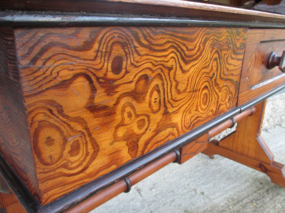 Late 19th century Arts and Crafts unusual burr pitch pine dressing table, swing mirror, drawer, castors  View VIII