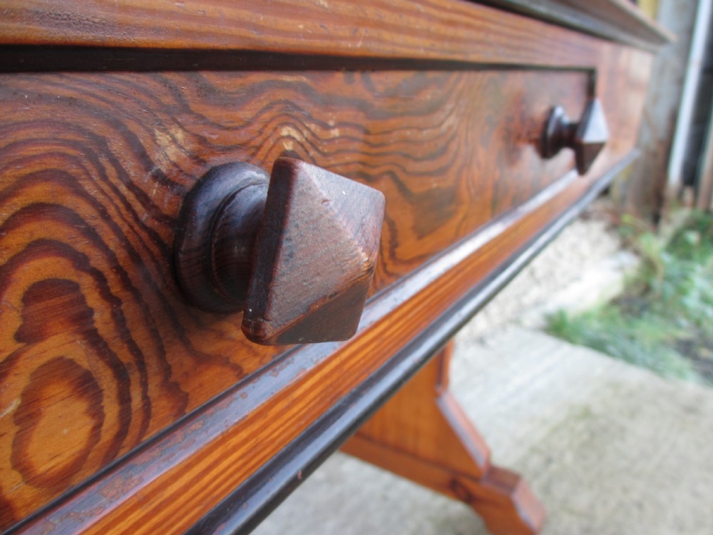 Late 19th century Arts and Crafts unusual burr pitch pine dressing table, swing mirror, drawer, castors  View IX