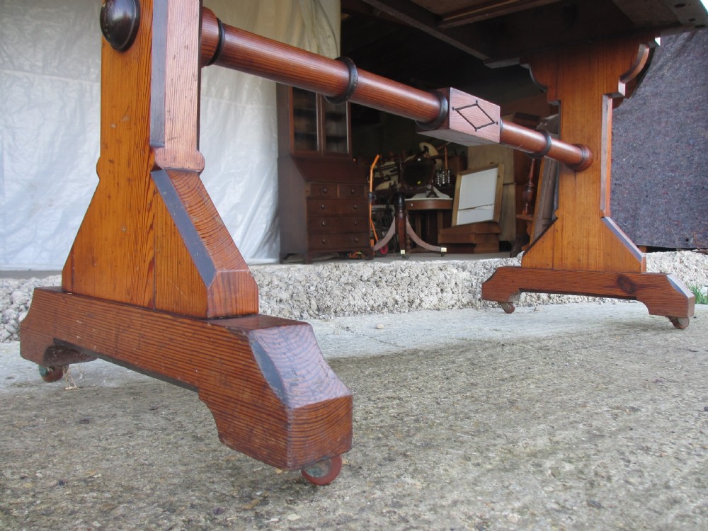 Late 19th century Arts and Crafts unusual burr pitch pine dressing table, swing mirror, drawer, castors  View X