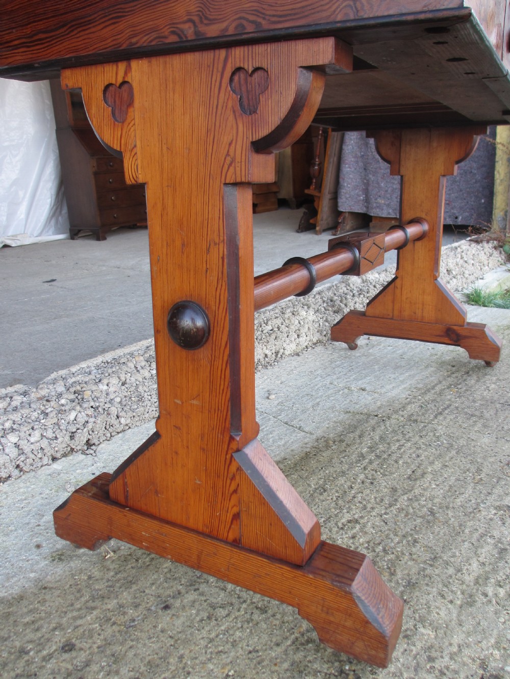 Late 19th century Arts and Crafts unusual burr pitch pine dressing table, swing mirror, drawer, castors  View XI