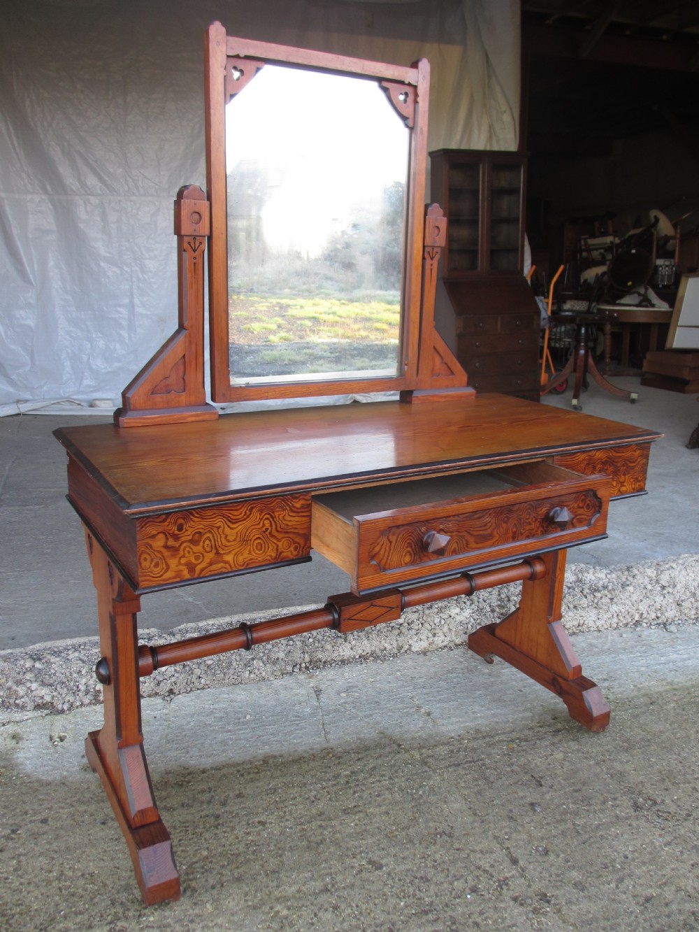 Late 19th century Arts and Crafts unusual burr pitch pine dressing table, swing mirror, drawer, castors  View XIV