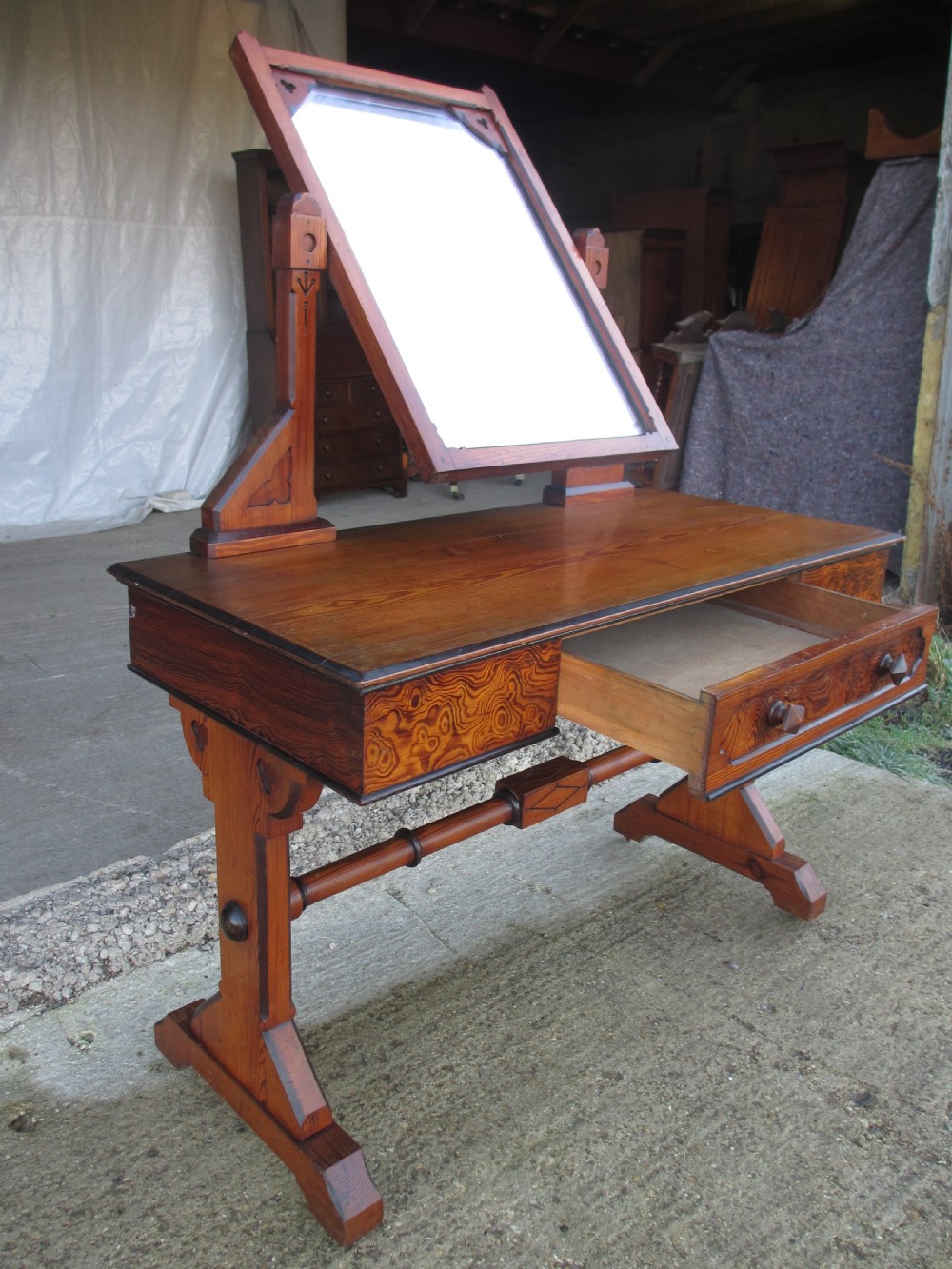 Late 19th century Arts and Crafts unusual burr pitch pine dressing table, swing mirror, drawer, castors  View XV
