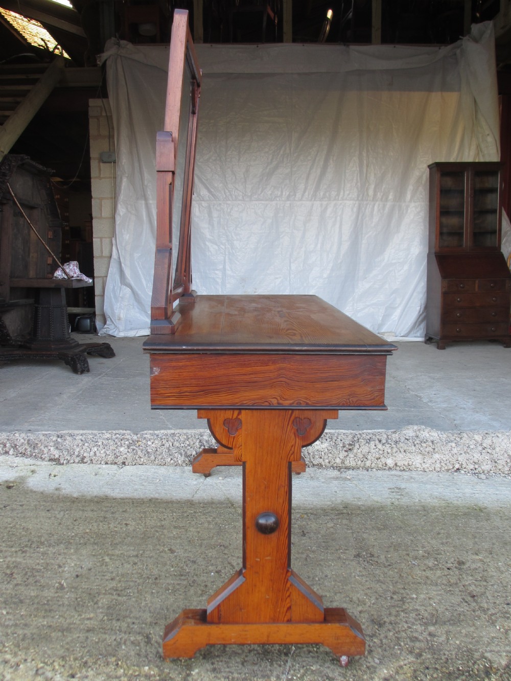 Late 19th century Arts and Crafts unusual burr pitch pine dressing table, swing mirror, drawer, castors  View XVI
