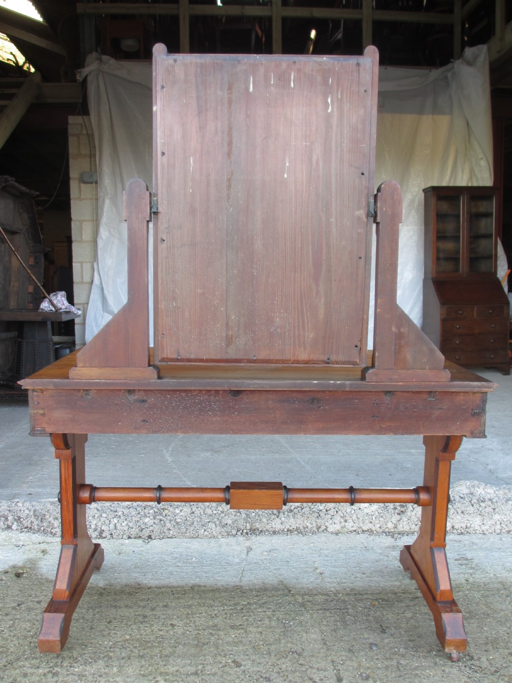 Late 19th century Arts and Crafts unusual burr pitch pine dressing table, swing mirror, drawer, castors  View XVII