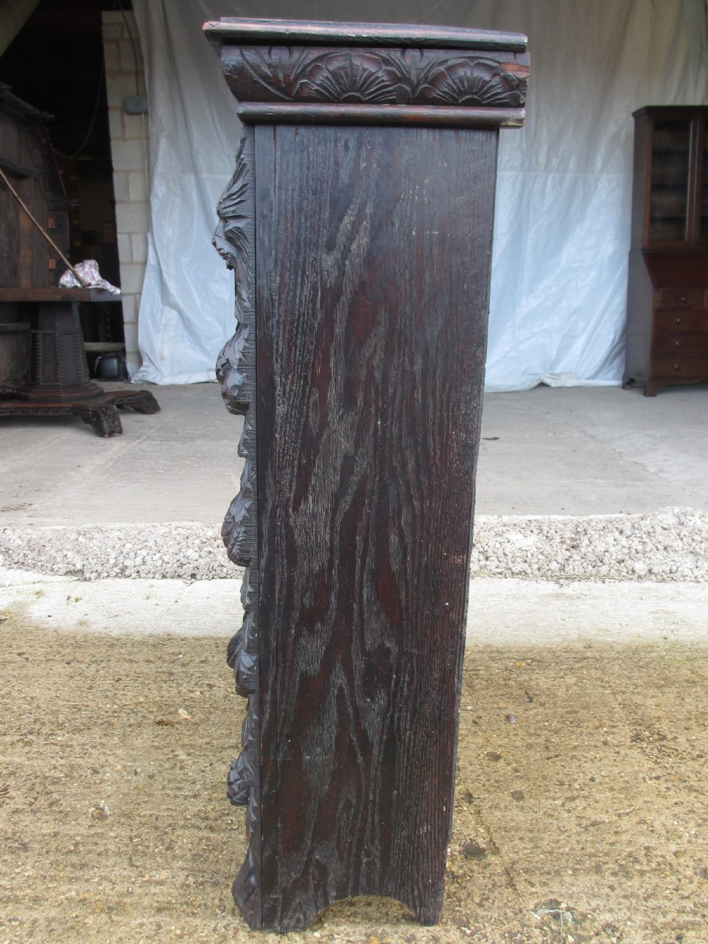 Victorian Oak carved open bookcase with adjustable shelves, lion heads and floral carved columns  View XI