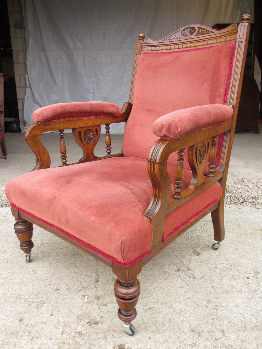 Pair lady's and gent's victorian oak upholstered parlour armchairs View III