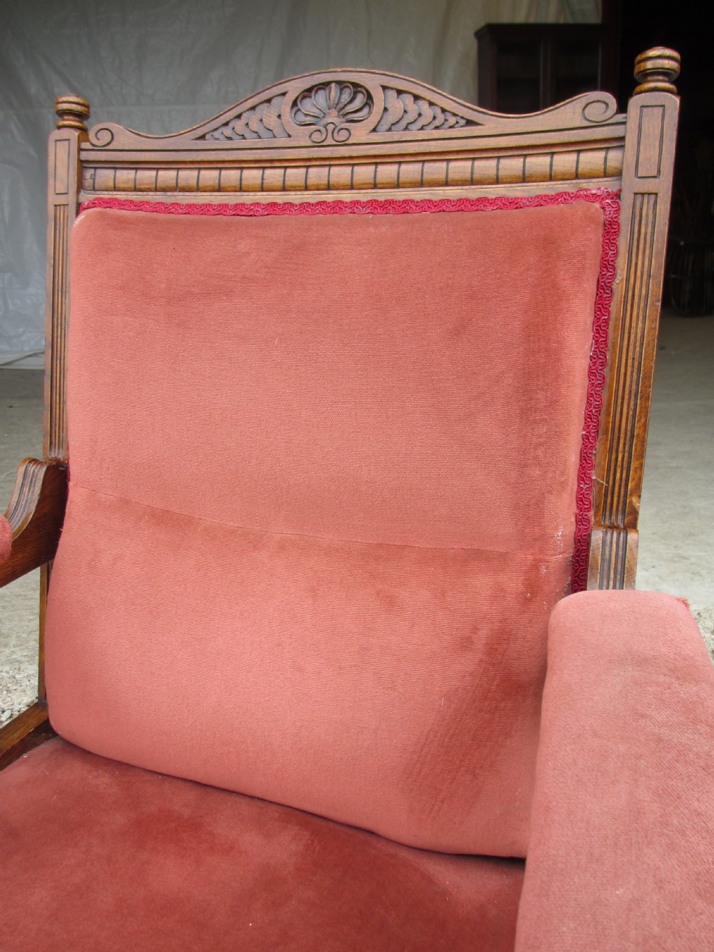 Pair lady's and gent's victorian oak upholstered parlour armchairs View IV