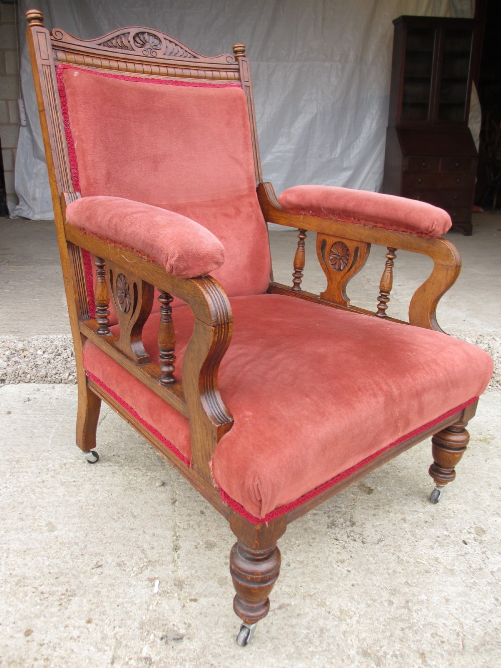 Pair lady's and gent's victorian oak upholstered parlour armchairs View V