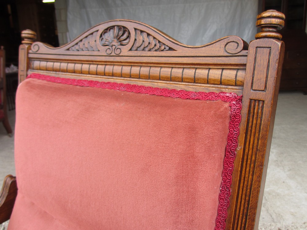 Pair lady's and gent's victorian oak upholstered parlour armchairs View VI
