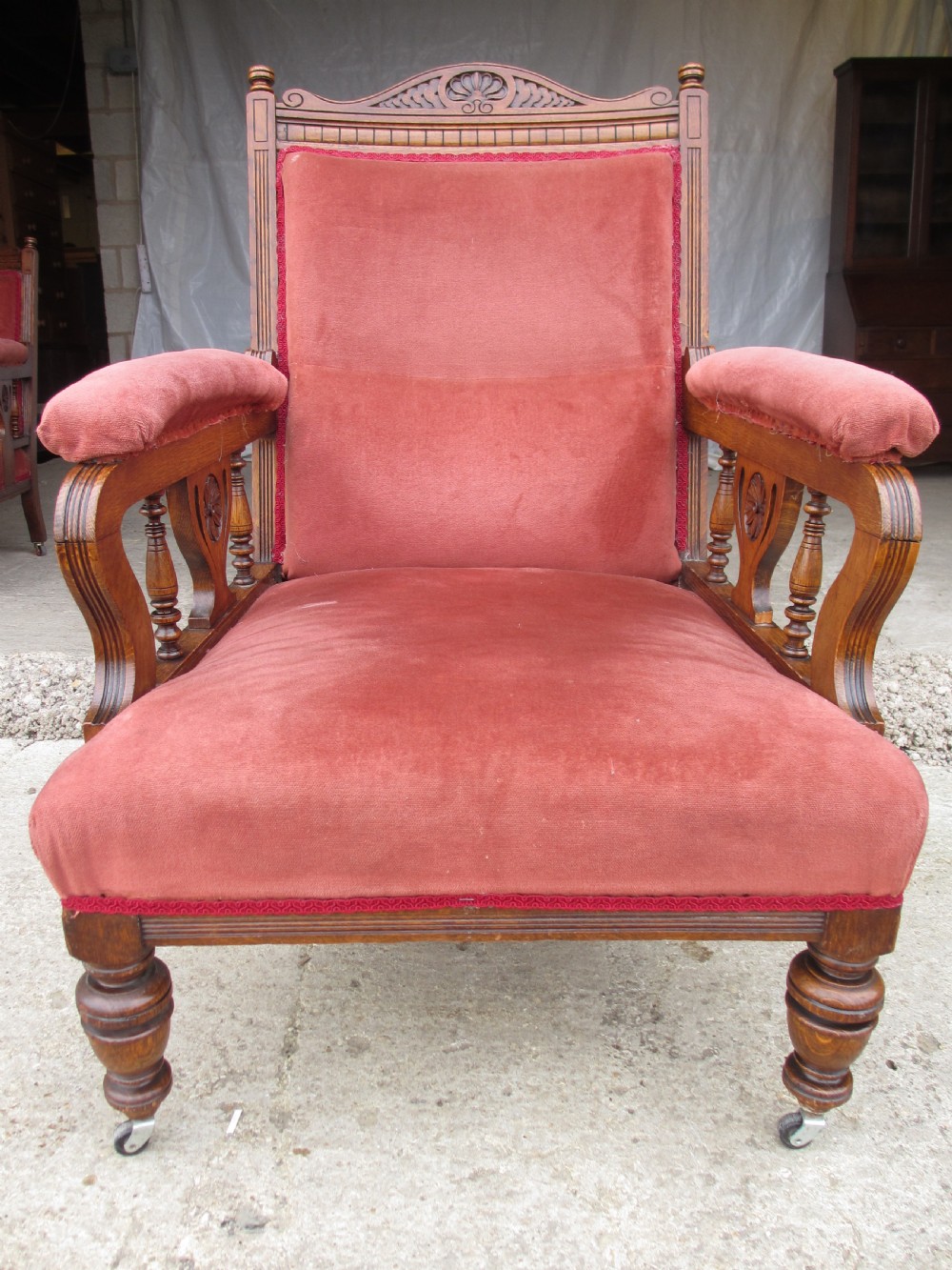 Pair lady's and gent's victorian oak upholstered parlour armchairs View VII