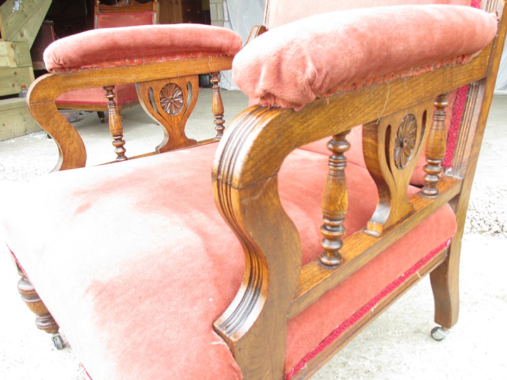 Pair lady's and gent's victorian oak upholstered parlour armchairs View IX