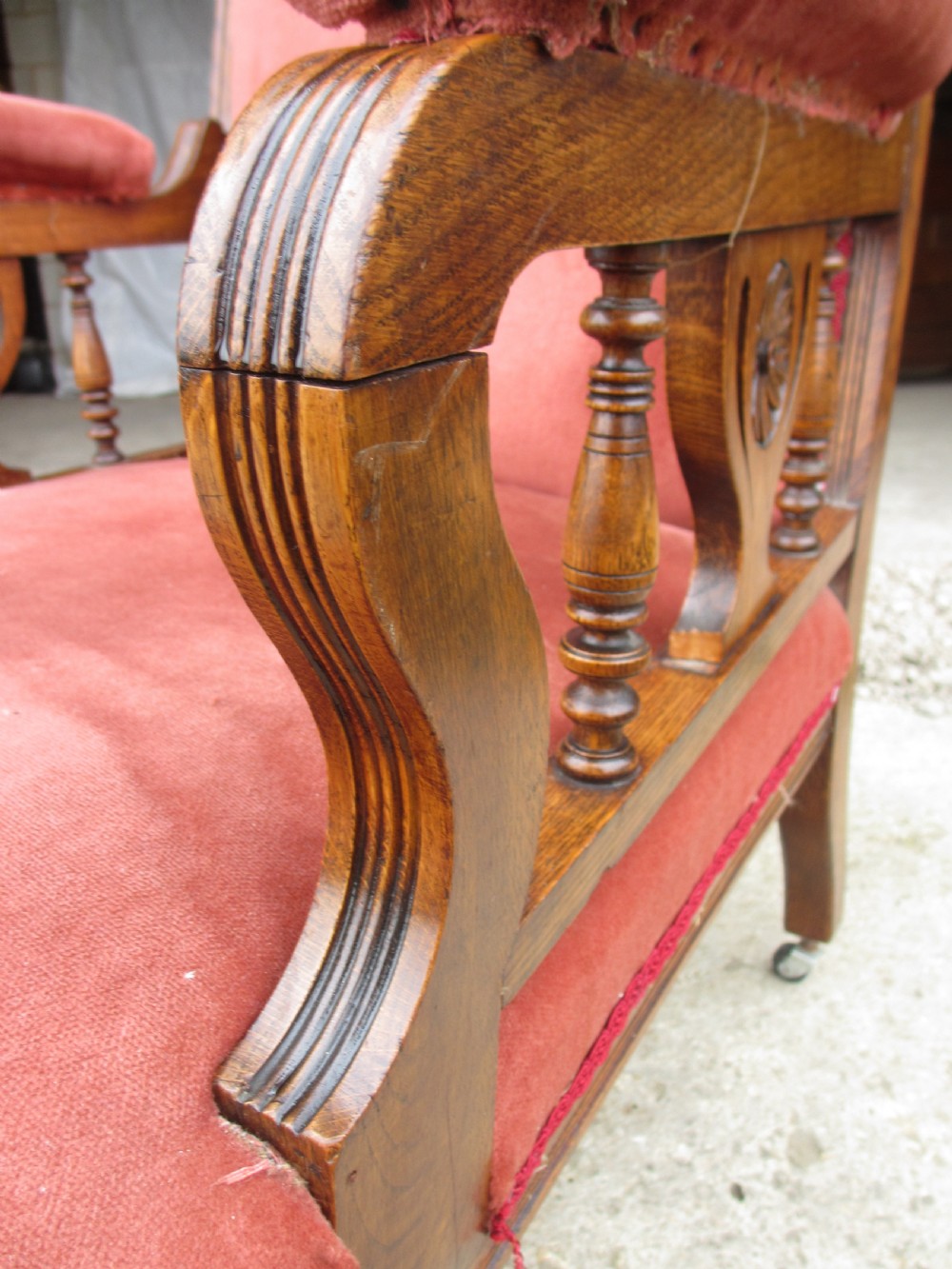 Pair lady's and gent's victorian oak upholstered parlour armchairs View X