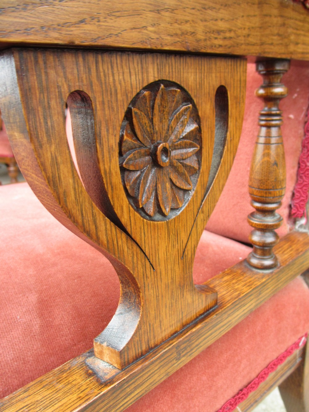 Pair lady's and gent's victorian oak upholstered parlour armchairs View XI