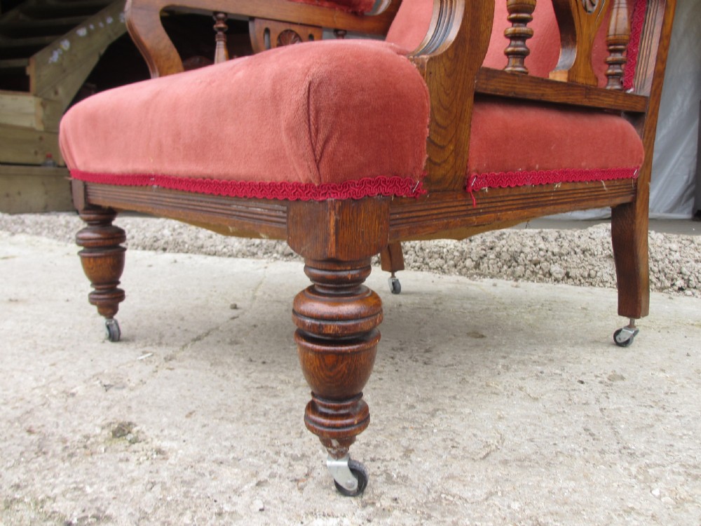 Pair lady's and gent's victorian oak upholstered parlour armchairs View XII