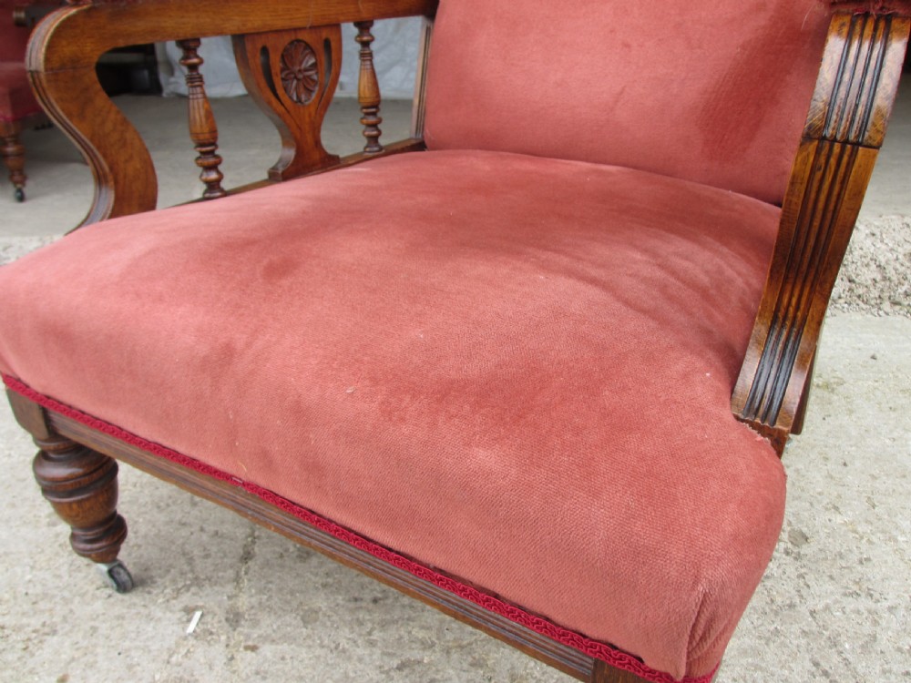 Pair lady's and gent's victorian oak upholstered parlour armchairs View XIV