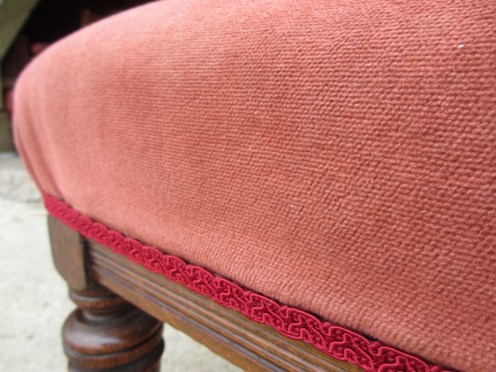 Pair lady's and gent's victorian oak upholstered parlour armchairs View XV