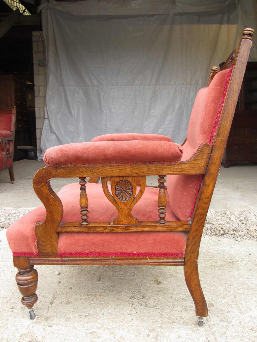 Pair lady's and gent's victorian oak upholstered parlour armchairs View XVI