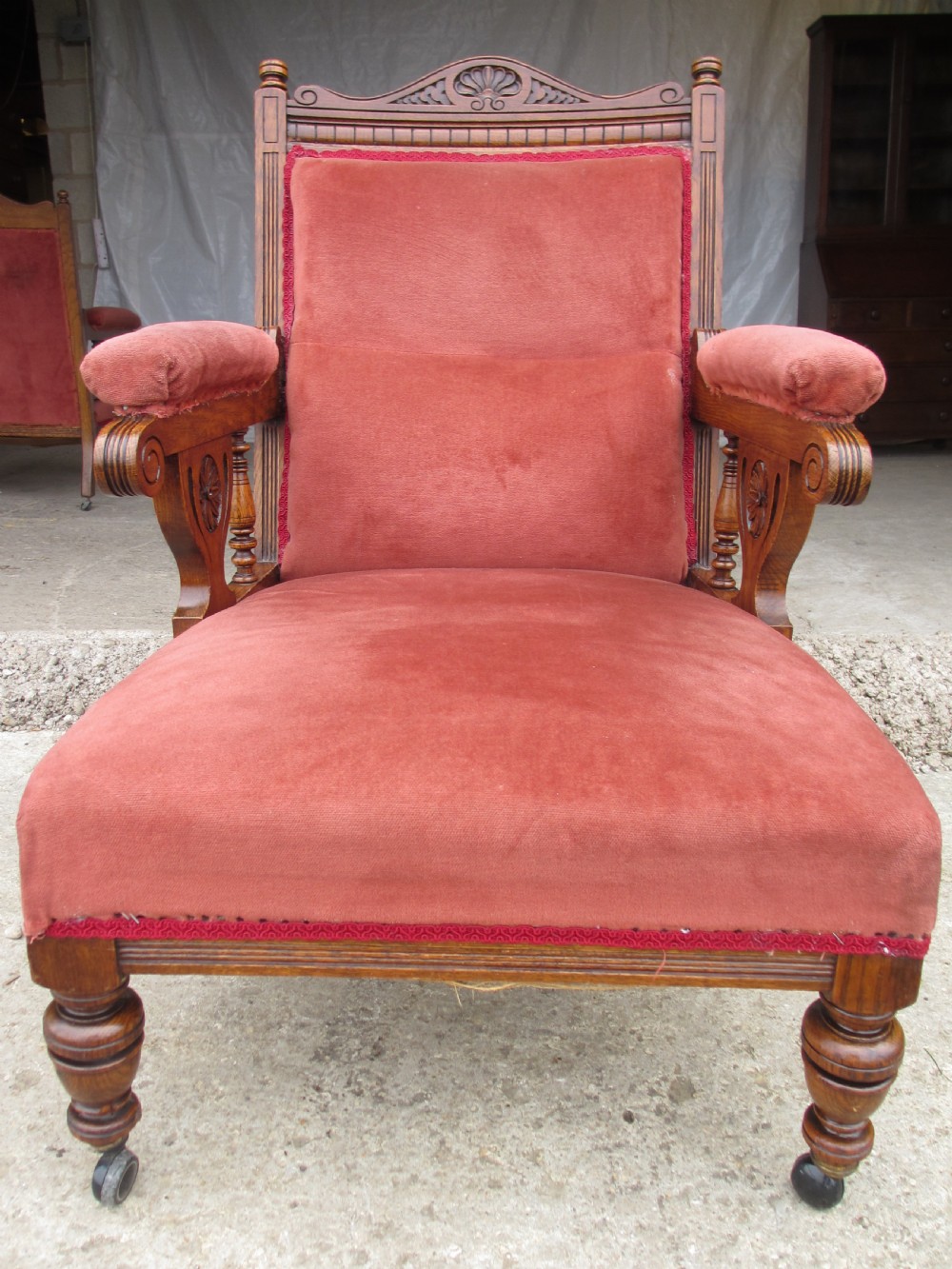 Pair lady's and gent's victorian oak upholstered parlour armchairs View XVIII