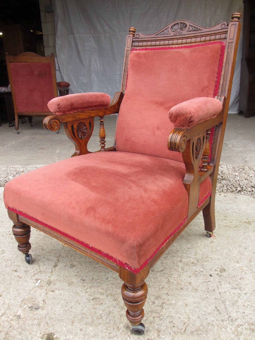 Pair lady's and gent's victorian oak upholstered parlour armchairs View XIX