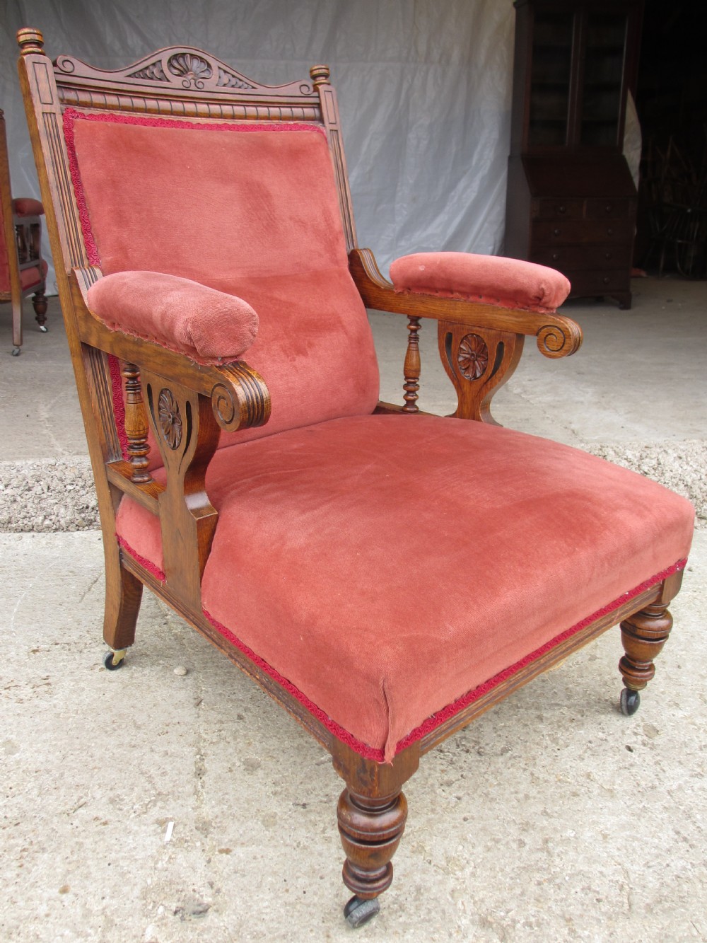 Pair lady's and gent's victorian oak upholstered parlour armchairs View XX