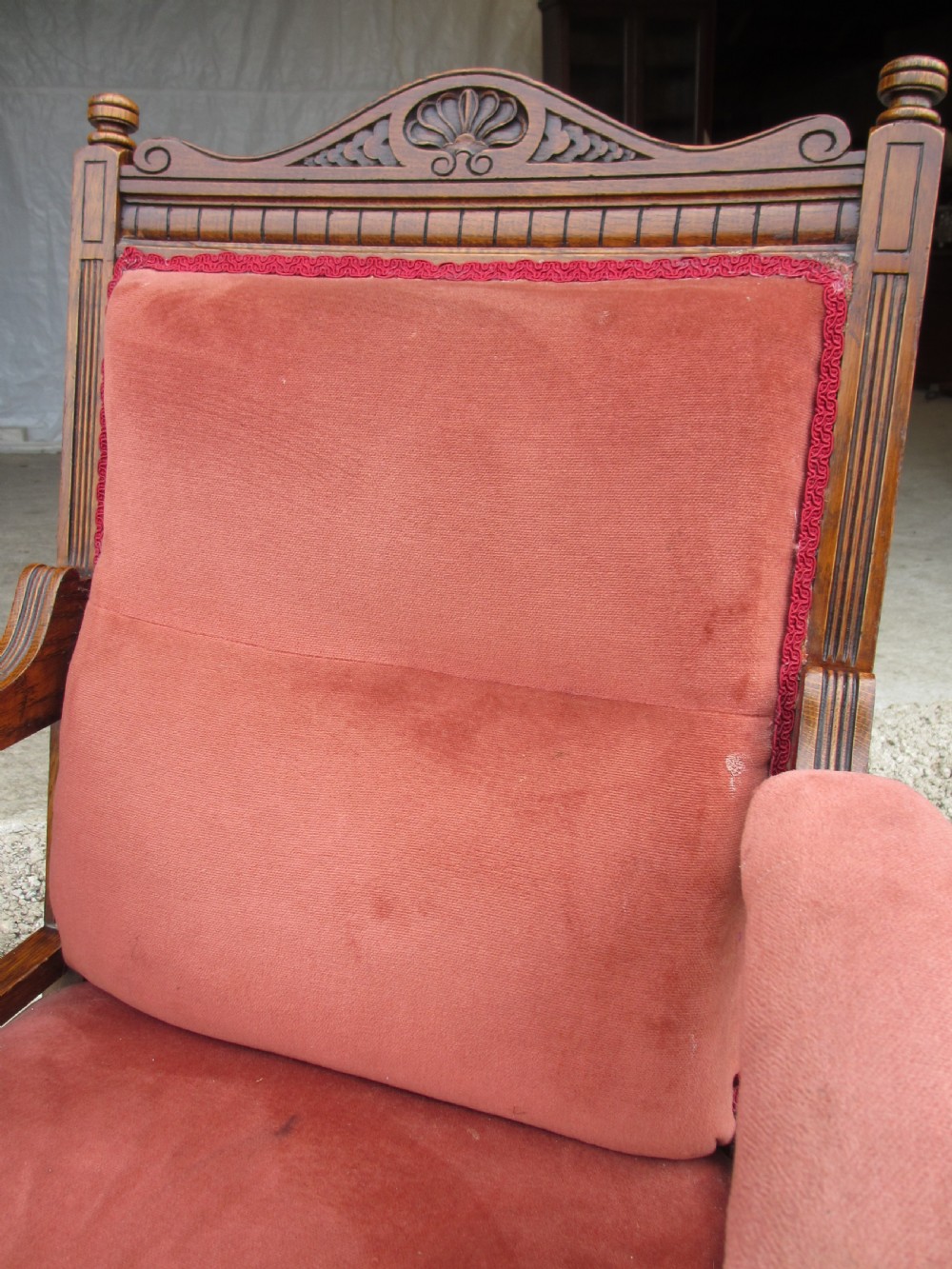 Pair lady's and gent's victorian oak upholstered parlour armchairs View XXI