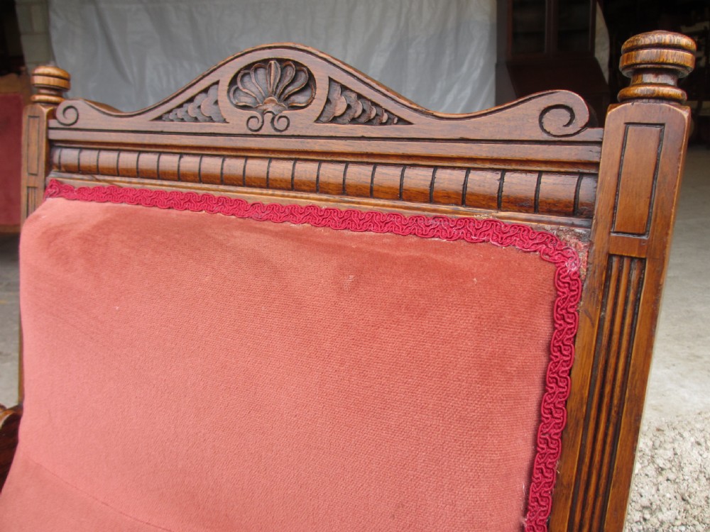 Pair lady's and gent's victorian oak upholstered parlour armchairs View XXII