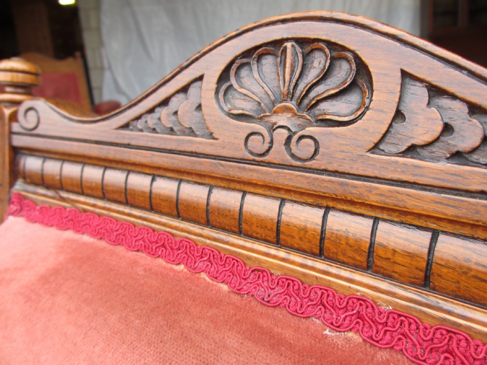 Pair lady's and gent's victorian oak upholstered parlour armchairs View XXIII