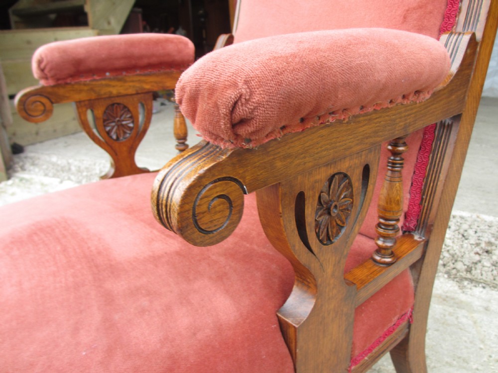 Pair lady's and gent's victorian oak upholstered parlour armchairs View XXV