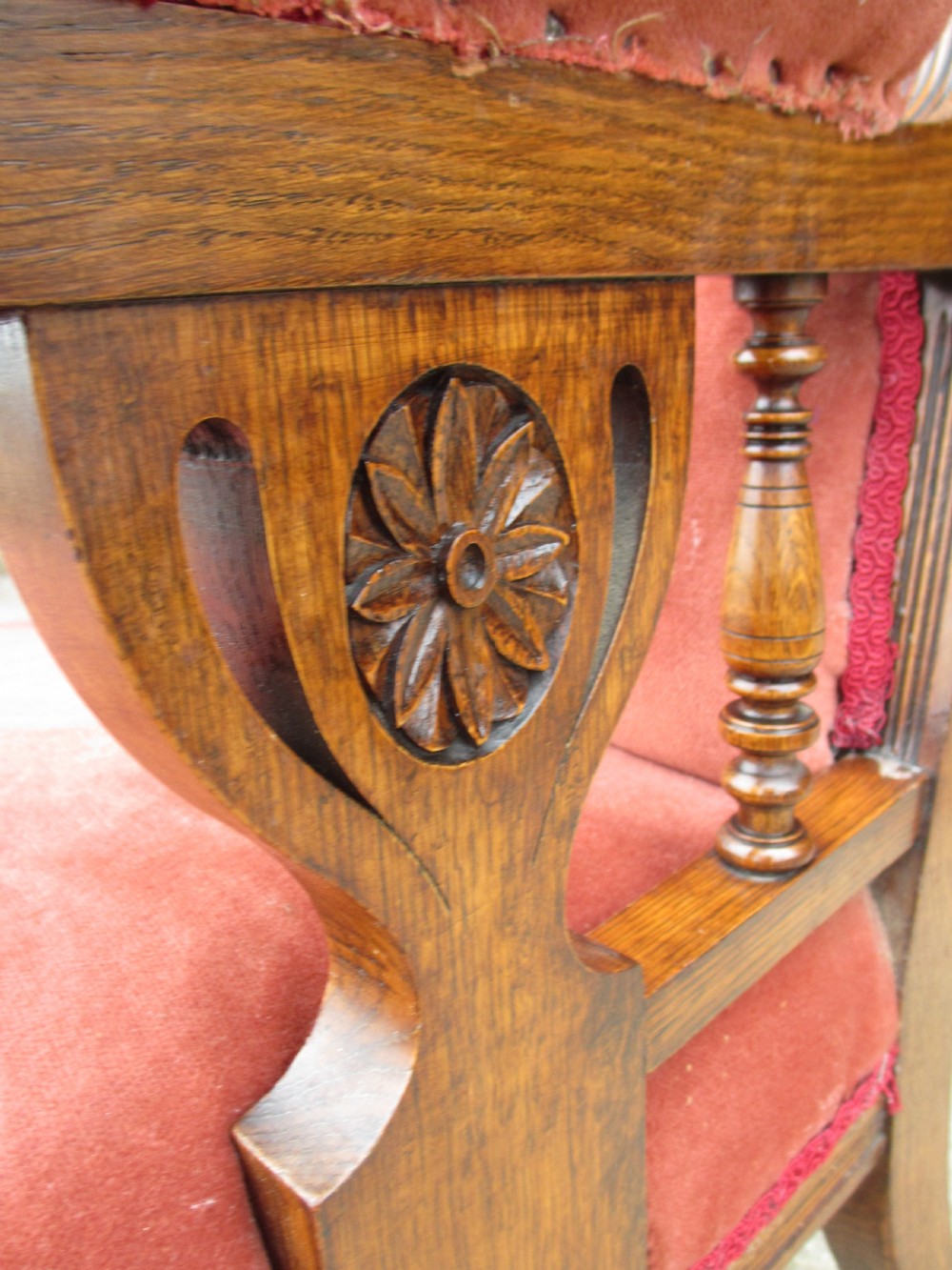 Pair lady's and gent's victorian oak upholstered parlour armchairs View XXVI