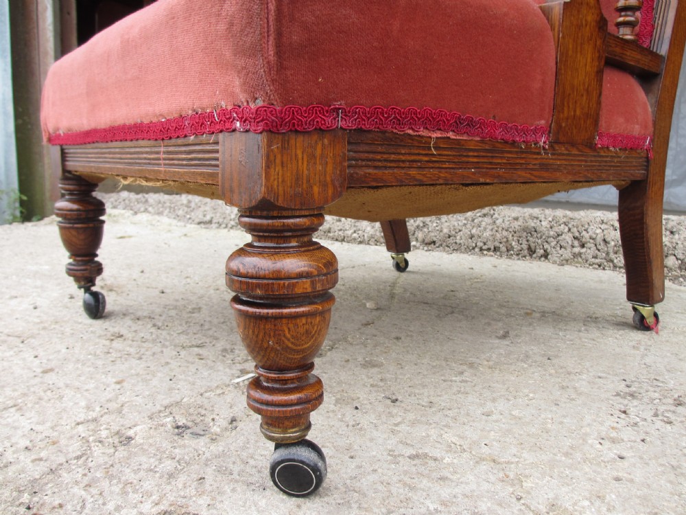 Pair lady's and gent's victorian oak upholstered parlour armchairs View XXVII