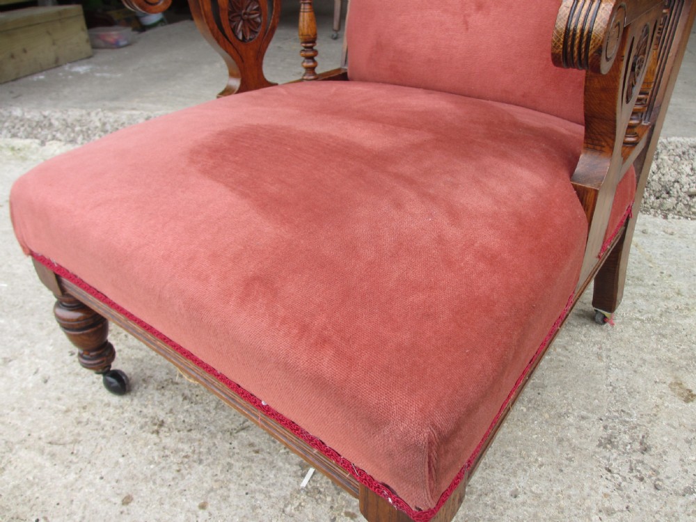 Pair lady's and gent's victorian oak upholstered parlour armchairs View XXIX