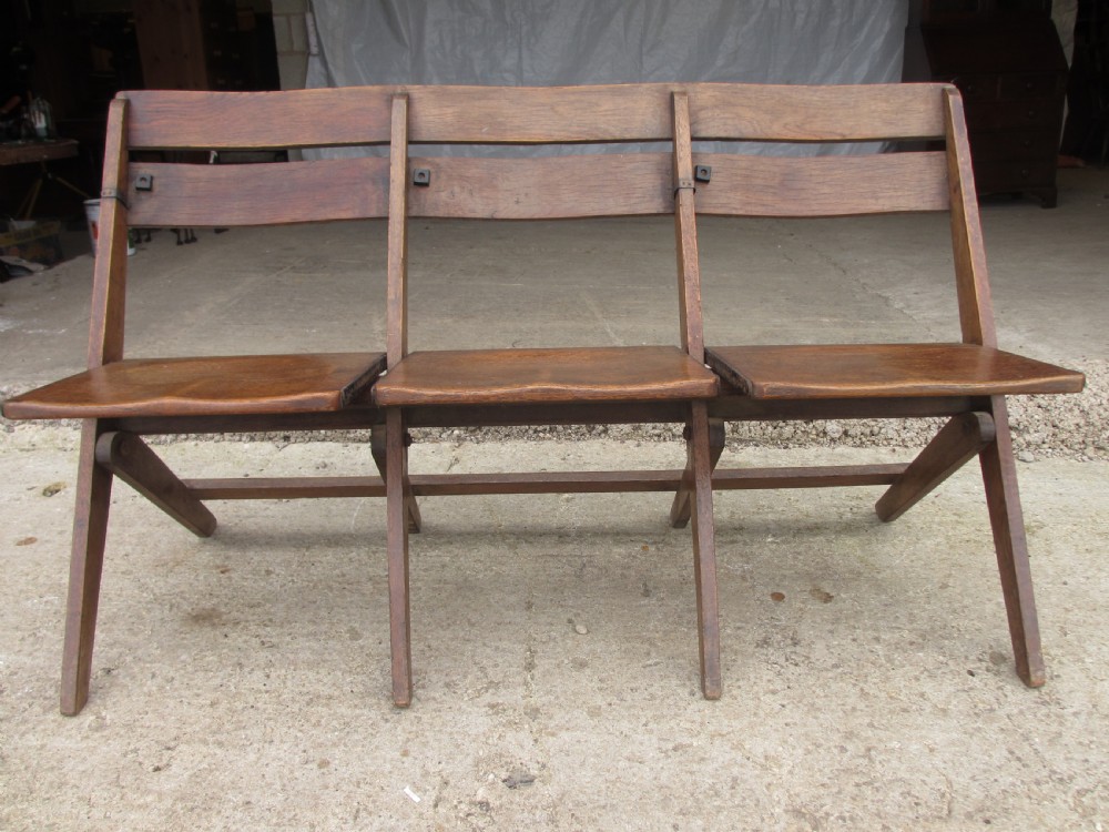 Unusual sturdy oak 3 seater folding theatre seats bench or settle C1910 View II