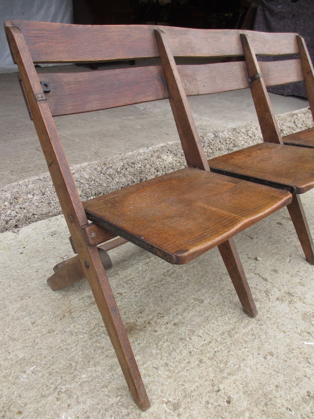 Unusual sturdy oak 3 seater folding theatre seats bench or settle C1910 View III