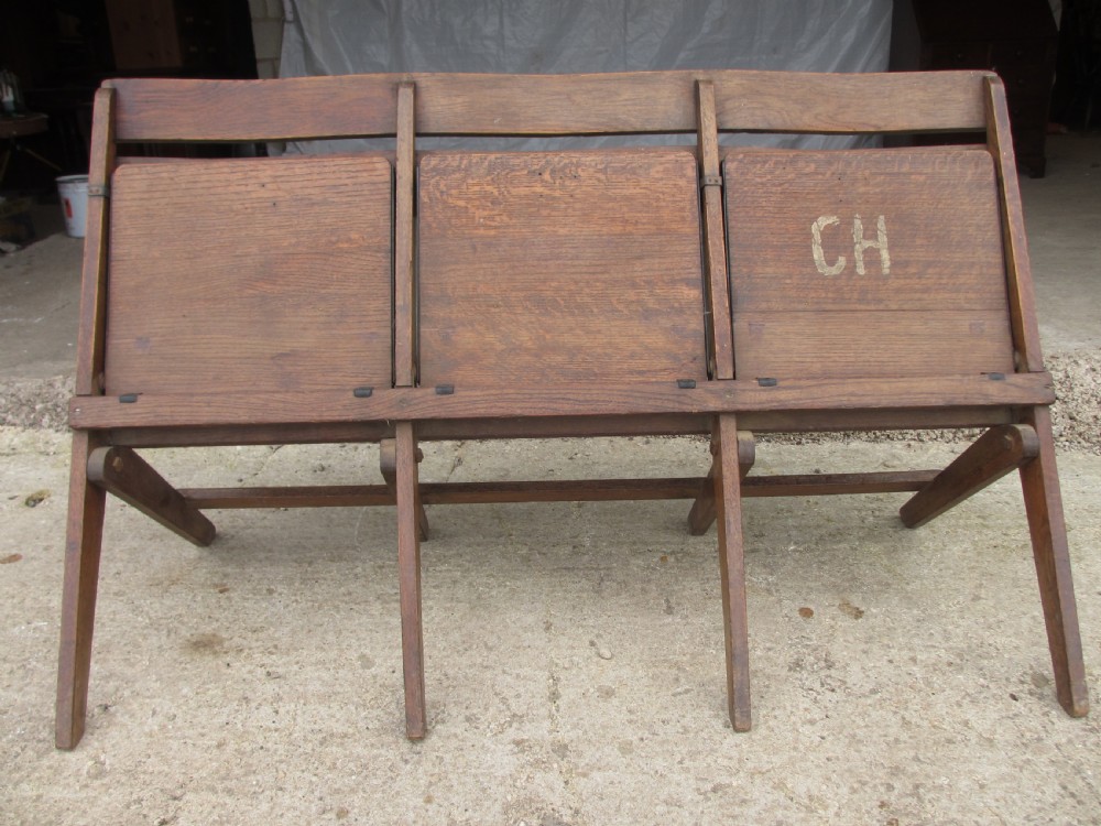 Unusual sturdy oak 3 seater folding theatre seats bench or settle C1910 View IV