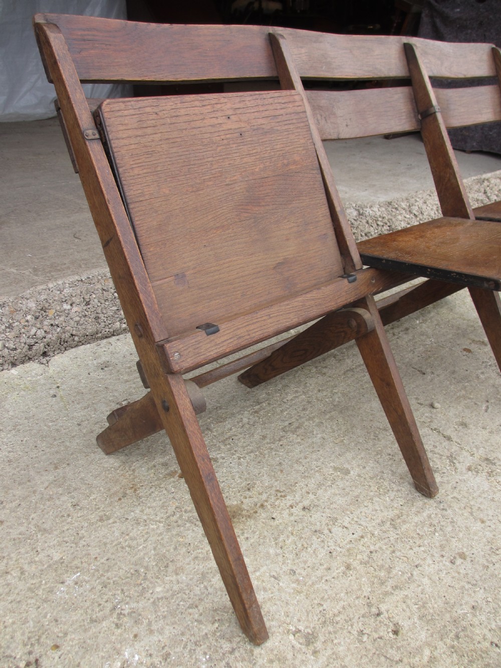 Unusual sturdy oak 3 seater folding theatre seats bench or settle C1910 View VI