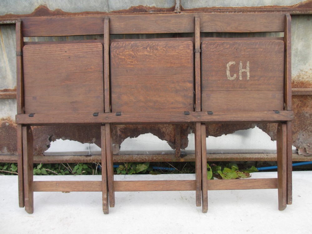 Unusual sturdy oak 3 seater folding theatre seats bench or settle C1910 View VIII