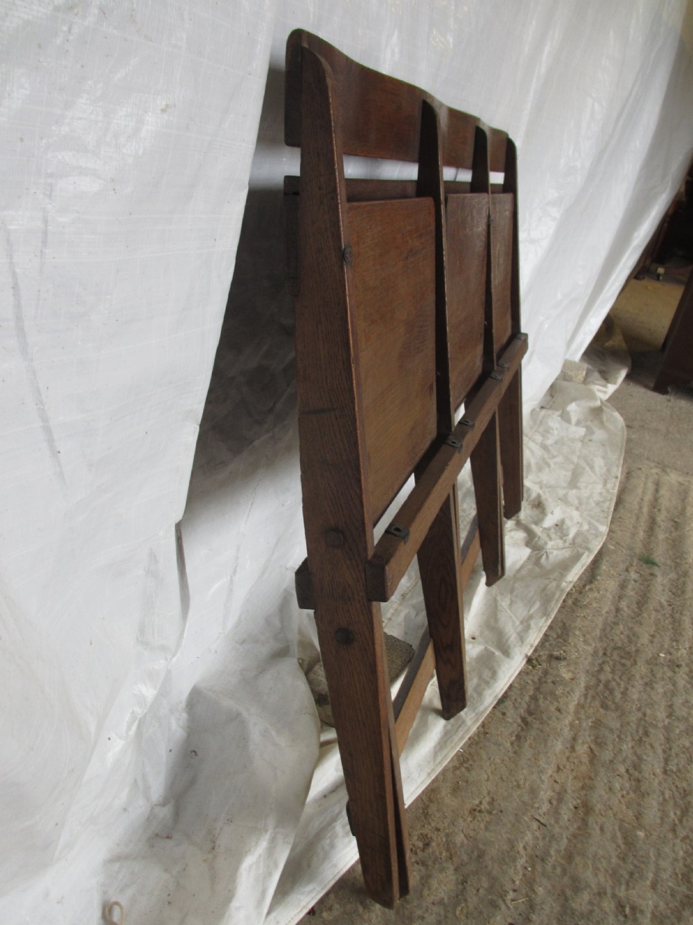 Unusual sturdy oak 3 seater folding theatre seats bench or settle C1910 View IX